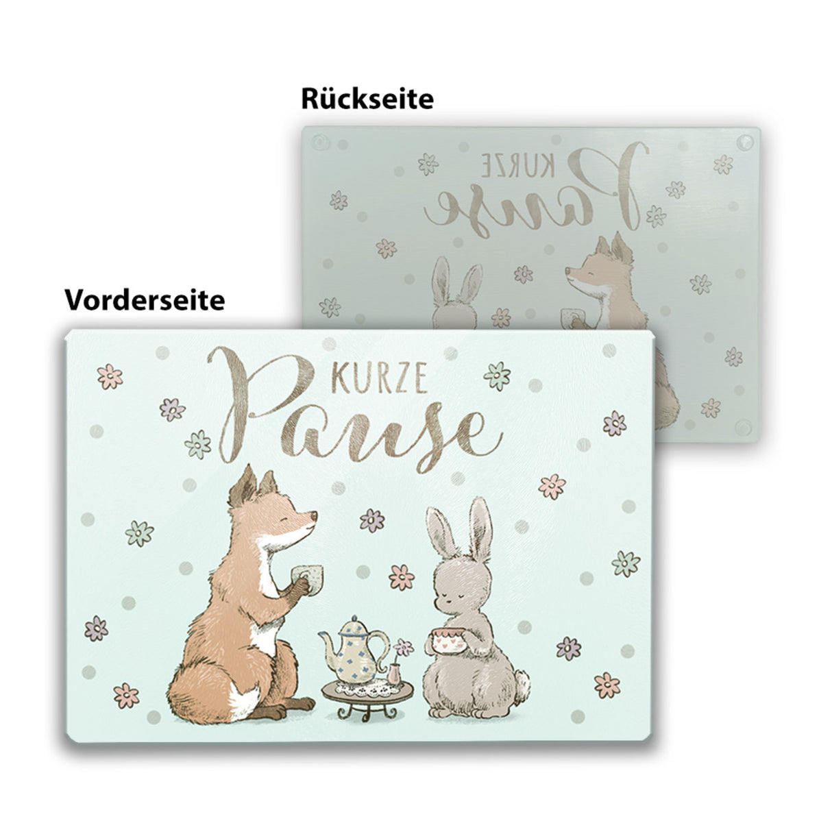 Fuchs und Hase Schneidebrett aus Glas Glas mit Spruch Kurze Pause