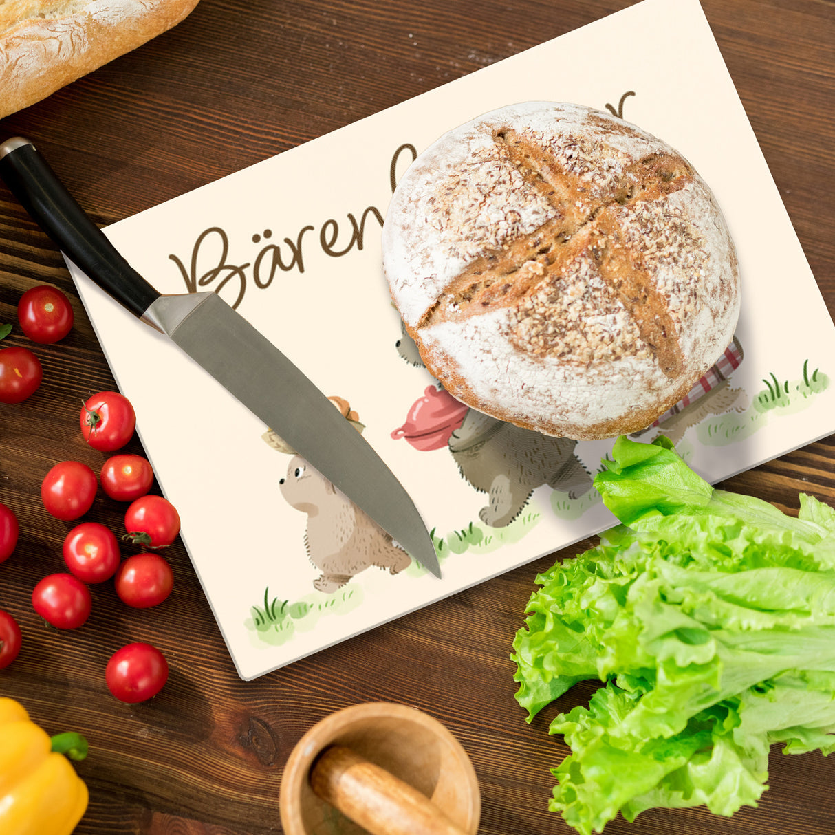 Bären Familie Schneidebrett aus Glas Glas mit Spruch Bärenhunger