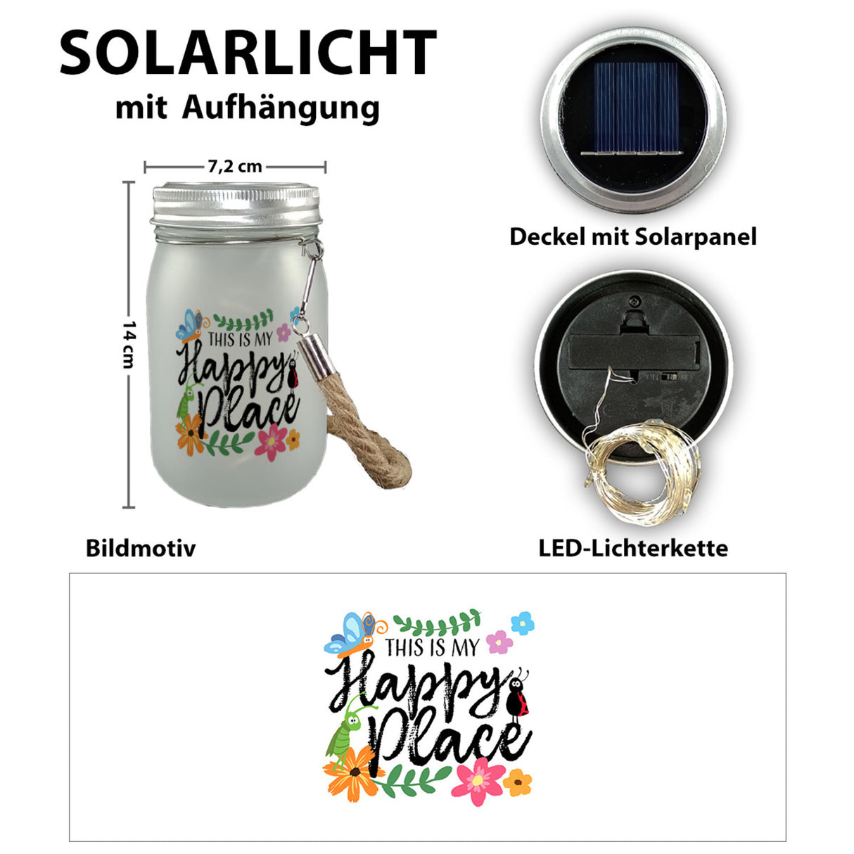 Insekten und Blumen Solarlicht mit Spruch This is my Happy Place