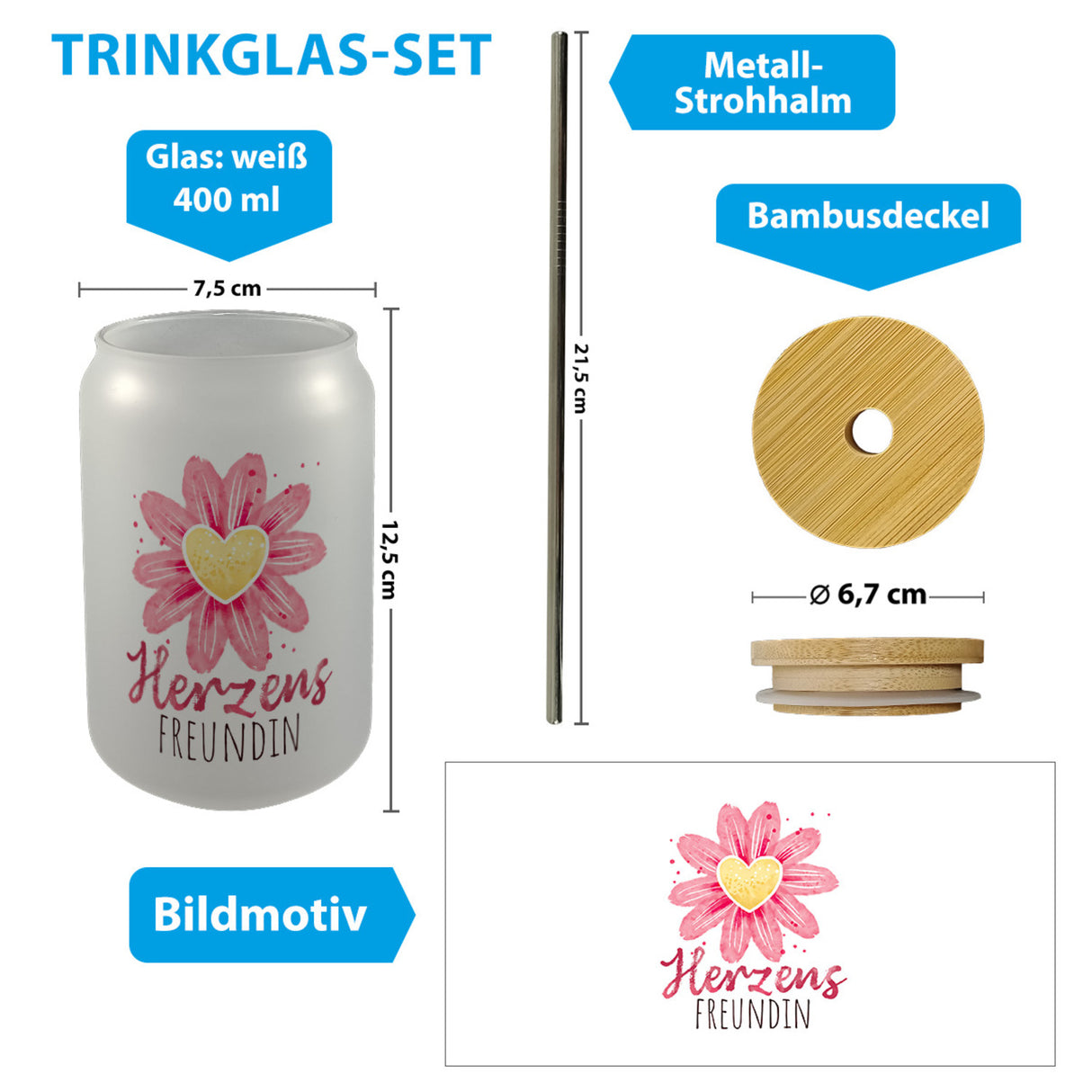 Blume Trinkglas mit Bambusdeckel mit Spruch Herzensfreundin