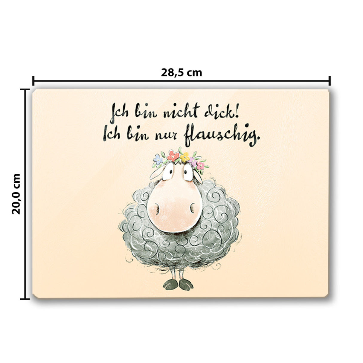 Schaf Schneidebrett aus Glas Glas mit Spruch Nicht dick sondern flauschig
