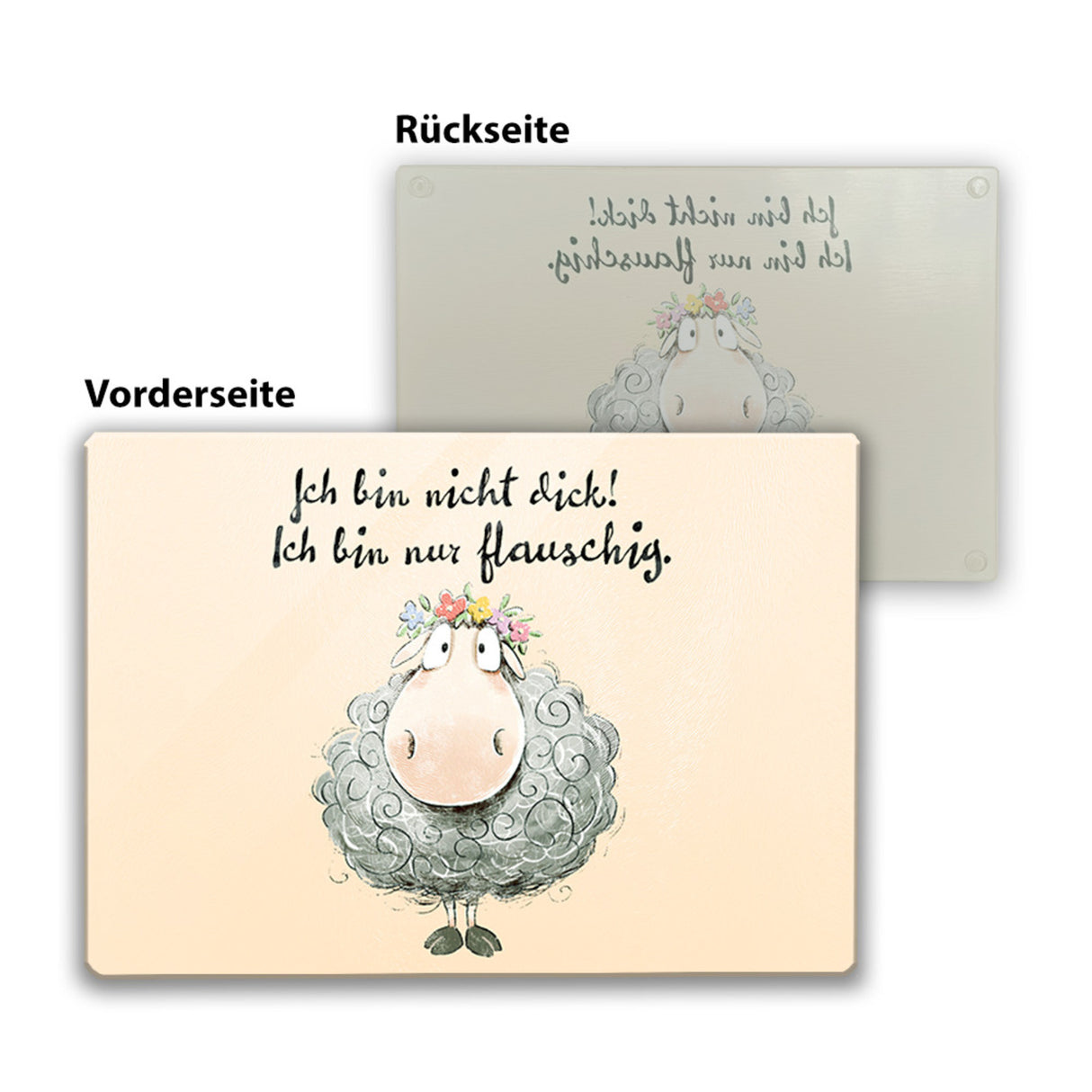 Schaf Schneidebrett aus Glas Glas mit Spruch Nicht dick sondern flauschig