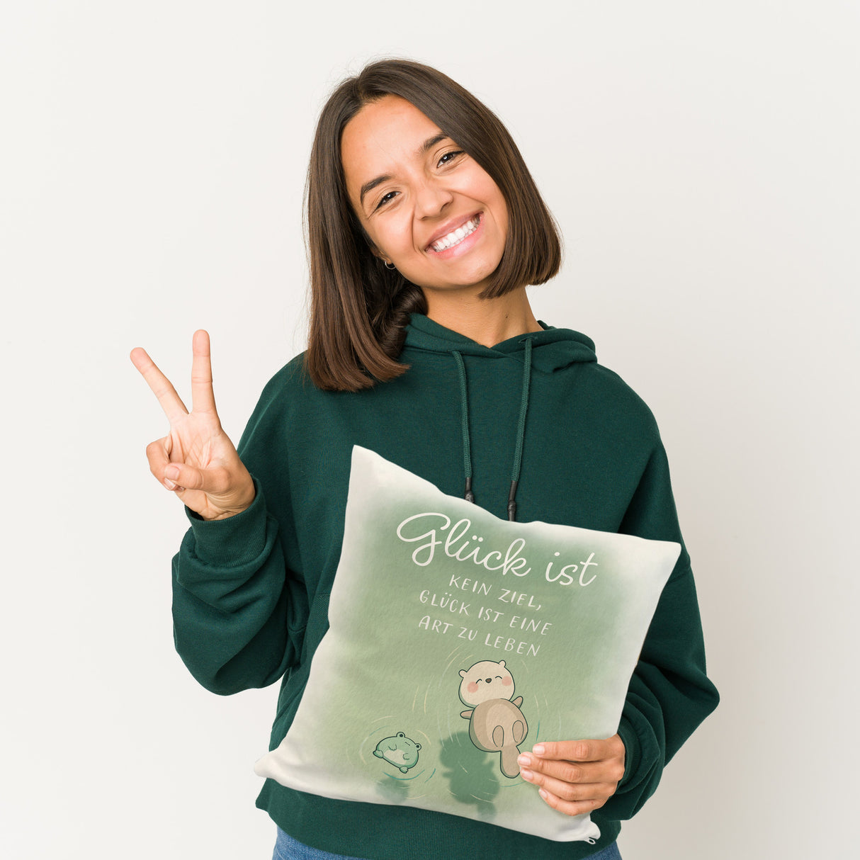 Otter und Frosch Kissen mit Spruch Glück ist Lebensart kein Ziel