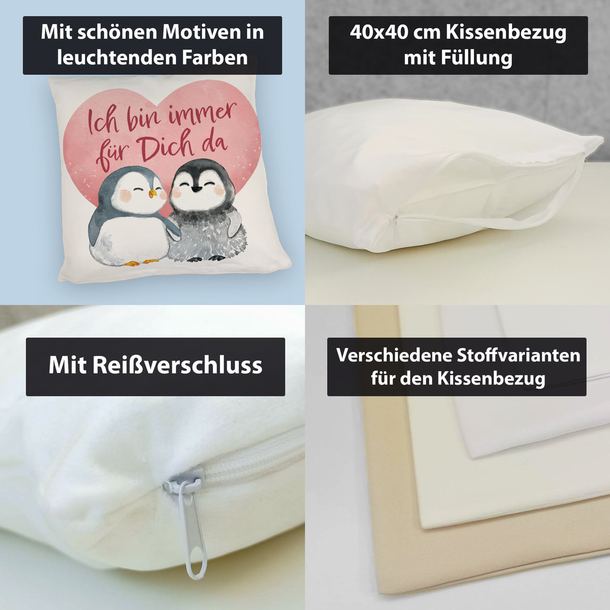 Pinguin Paar Kissen mit Spruch Ich bin immer für dich da