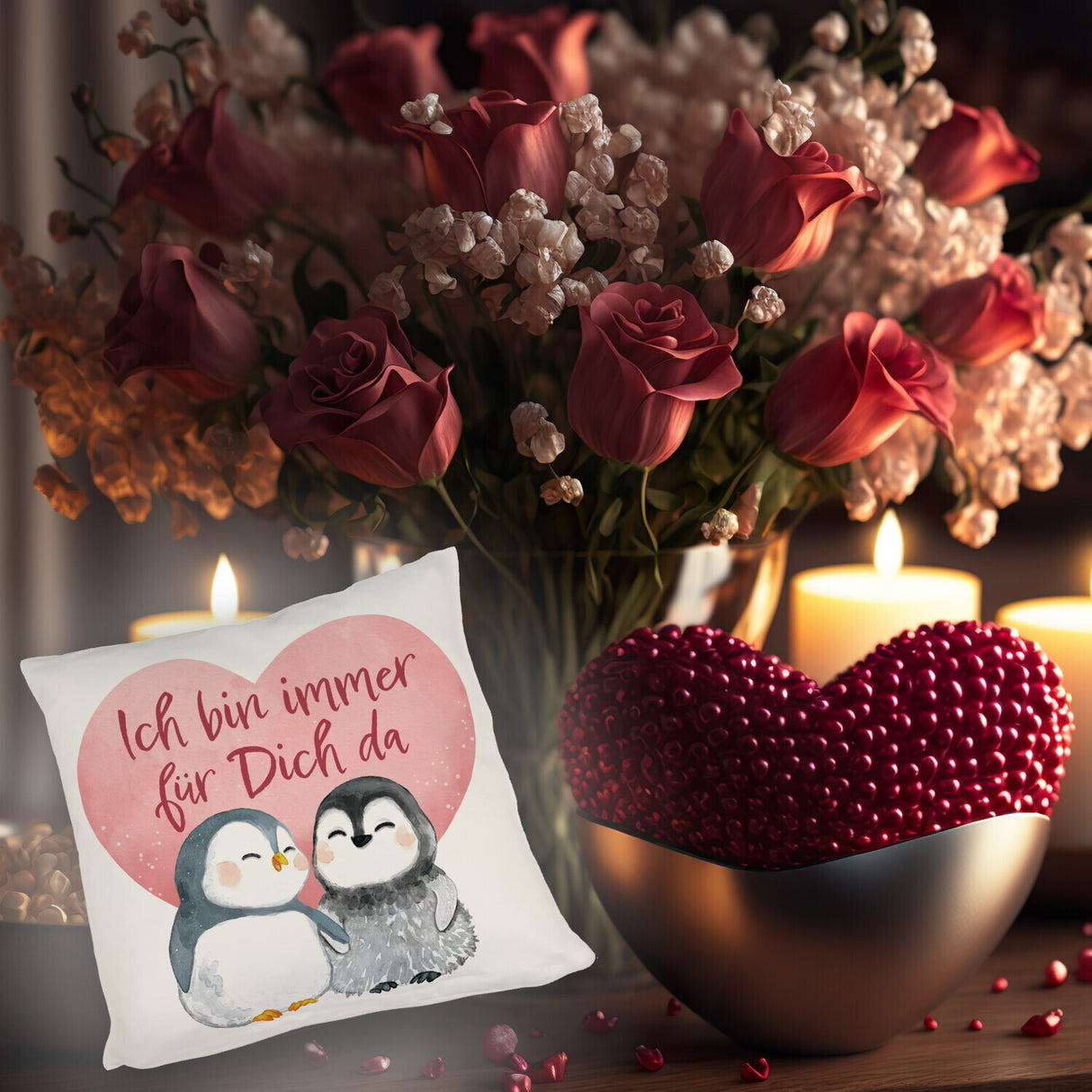 Pinguin Paar Kissen mit Spruch Ich bin immer für dich da