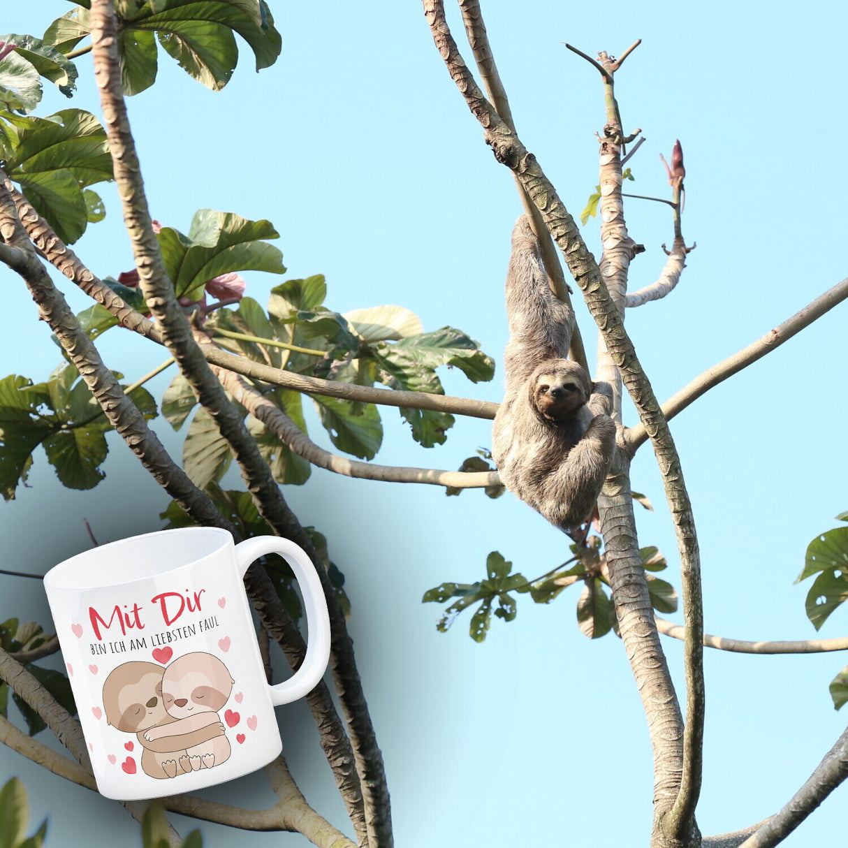 Faultier Paar Kaffeebecher mit Spruch Mit dir bin ich am liebsten faul
