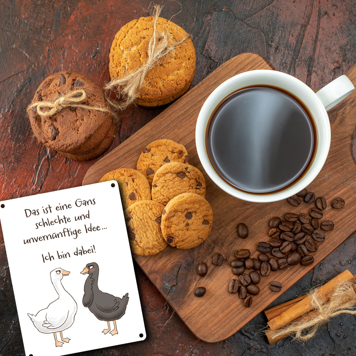 Gilbert die Gans Metallschild in 15x20 cm mit Spruch Schlechte Idee - Bin dabei