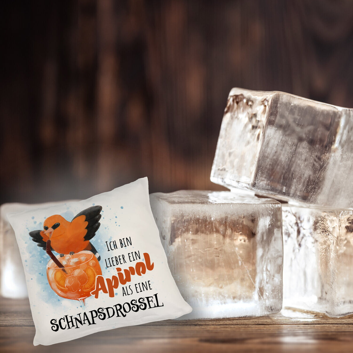 Cocktail Vogel Pirol Kissen mit Spruch Lieber Apirol als Schnapsdrossel