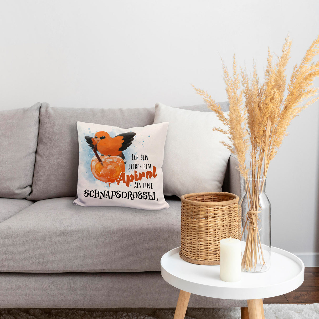 Cocktail Vogel Pirol Kissen mit Spruch Lieber Apirol als Schnapsdrossel