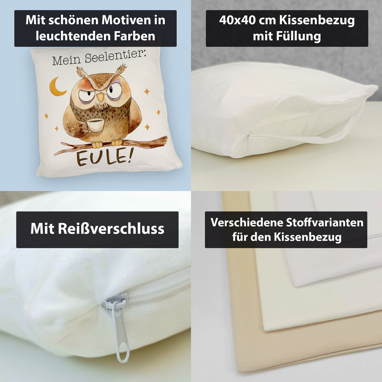 Eule Kissen mit Spruch Mein Seelentier Eule