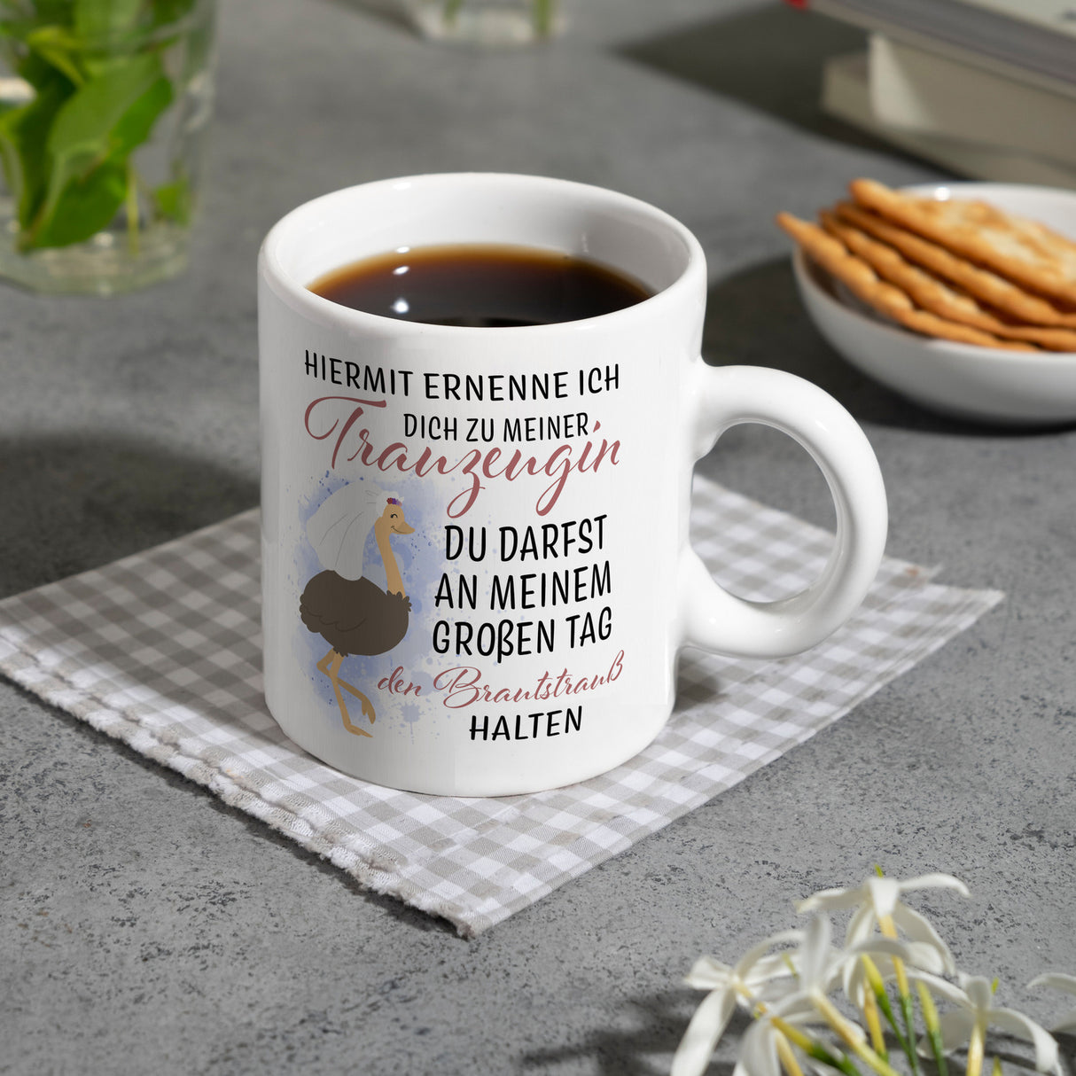 Trauzeugin Brautstrauß Kaffeebecher mit Vogelstrauß