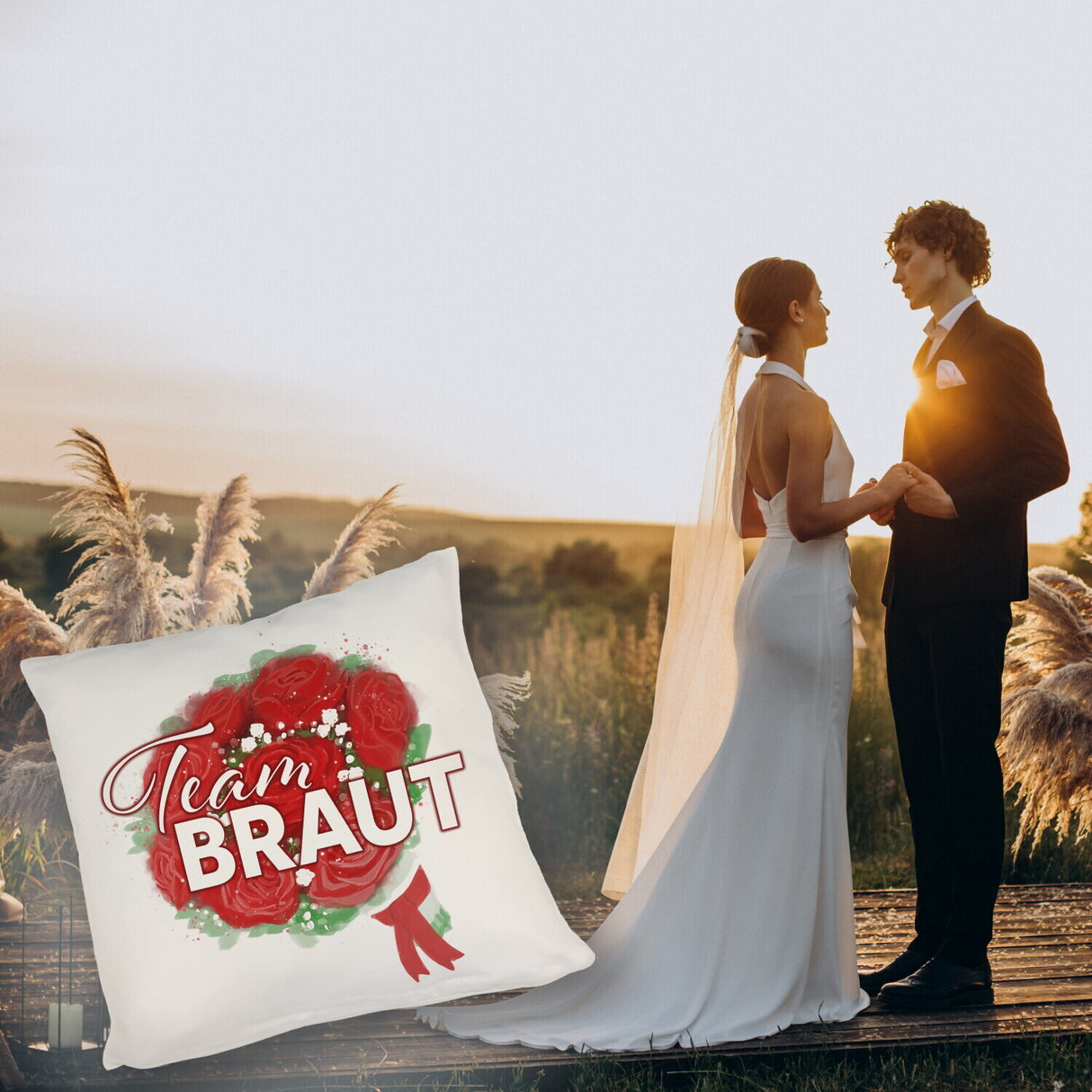 Team Braut Kissen mit Rosenstrauß