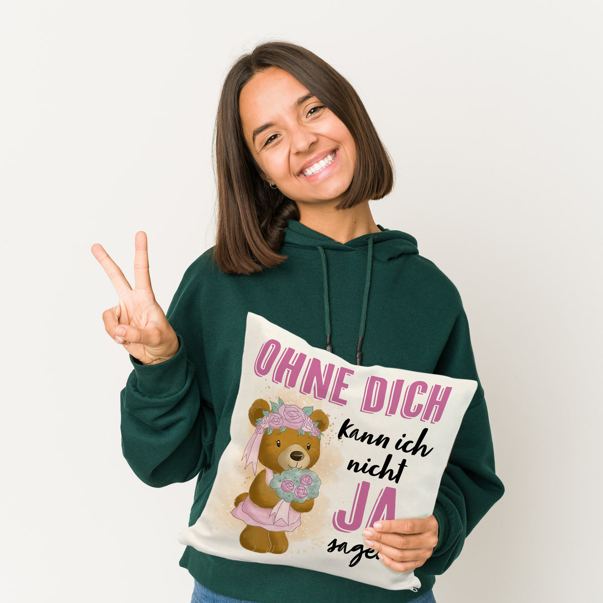 Trauzeugin Teddybär Kissen mit Spruch Ohne Dich kann ich nicht Ja sagen