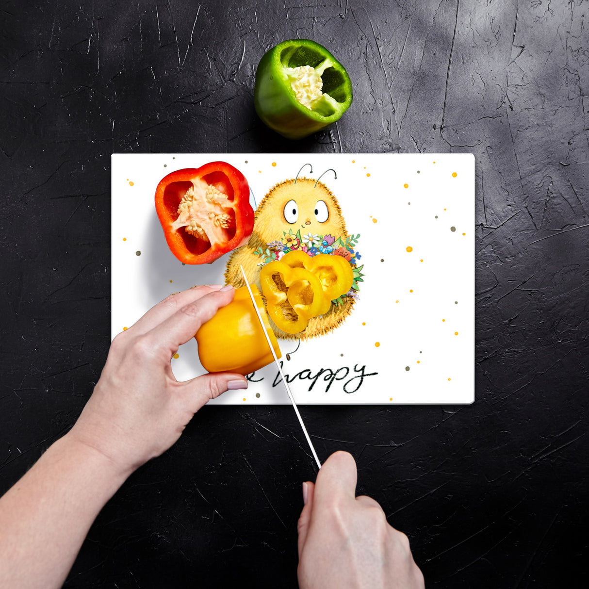 Pummel Biene Schneidebrett aus Glas Glas mit Spruch Bee happy