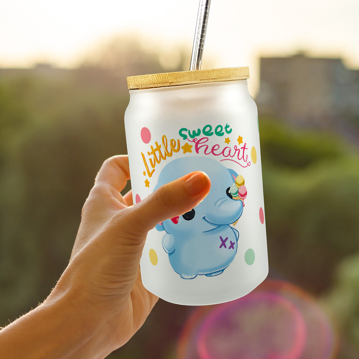 Elefant Trinkglas mit Bambusdeckel mit Spruch Little sweetheart
