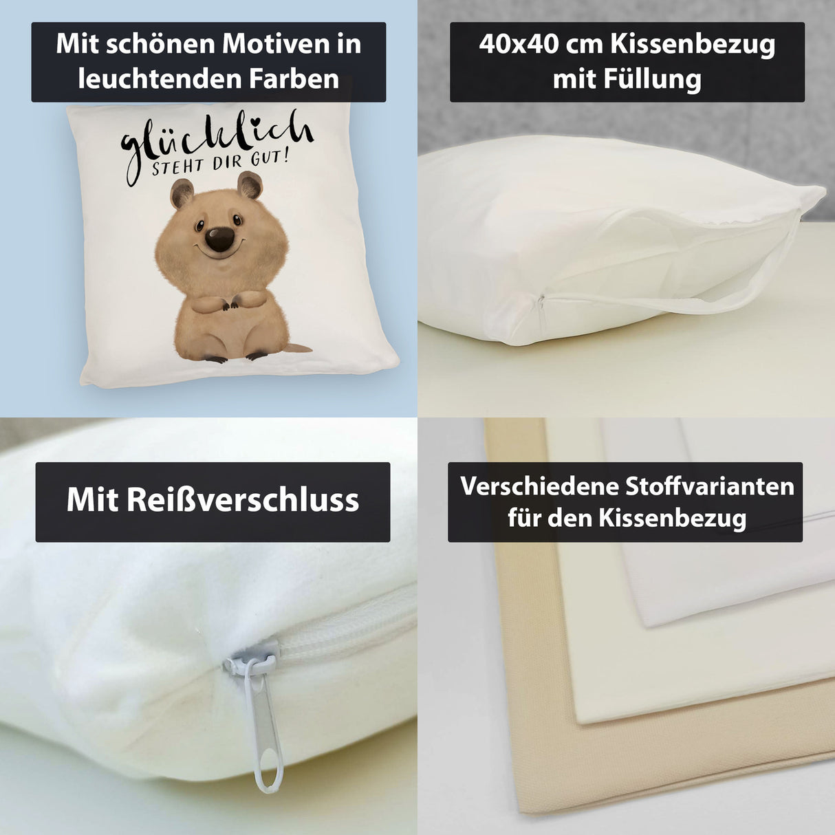 Quokka Kissen mit Spruch Glücklich steht dir gut