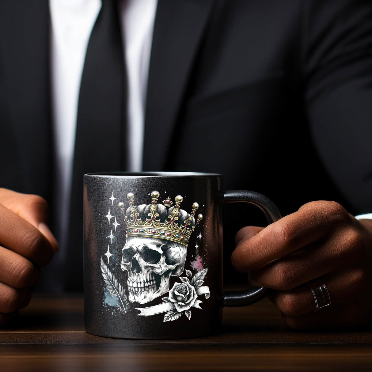 Totenkopf König mit Krone Tasse schwarz in Schwarz