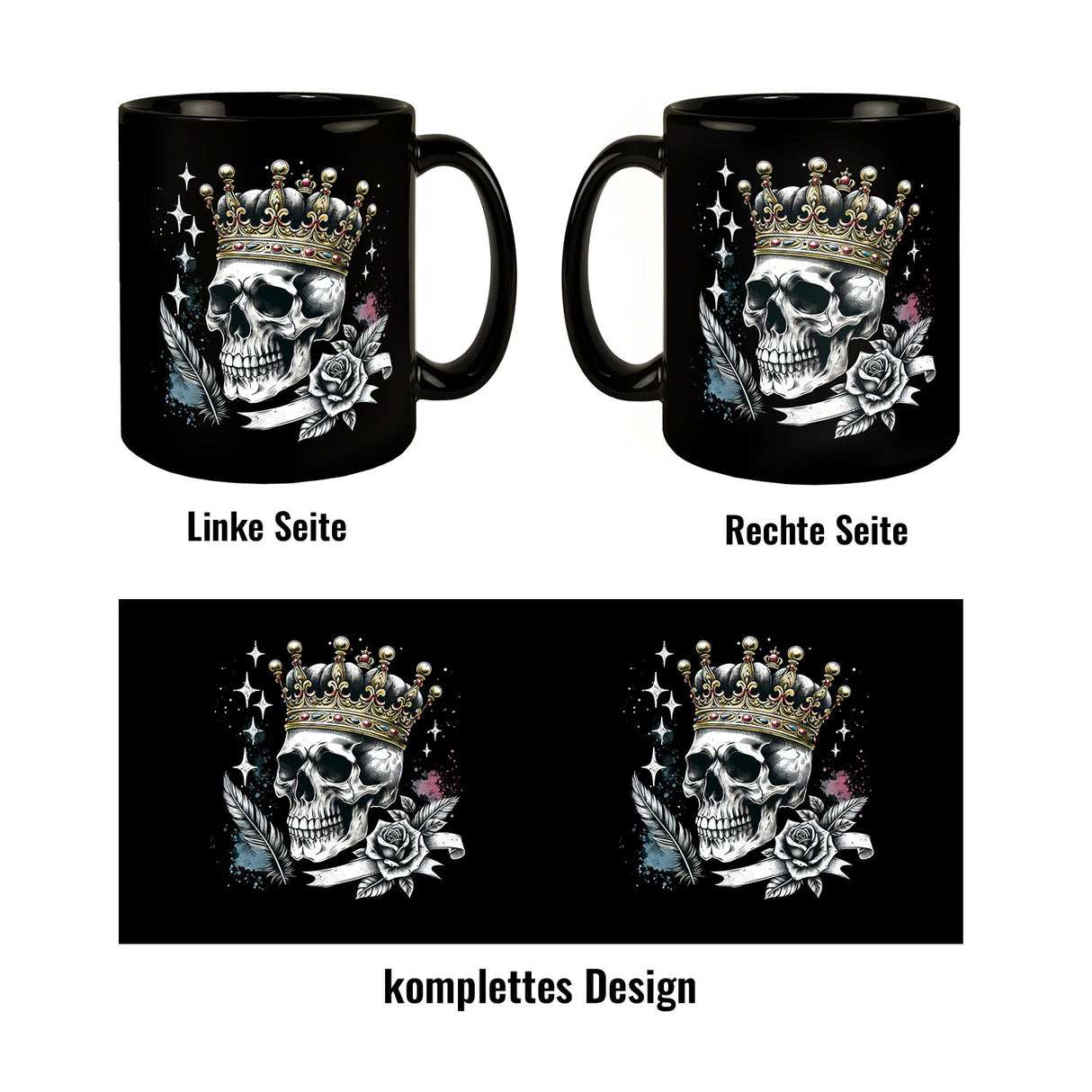Totenkopf König mit Krone Tasse schwarz in Schwarz
