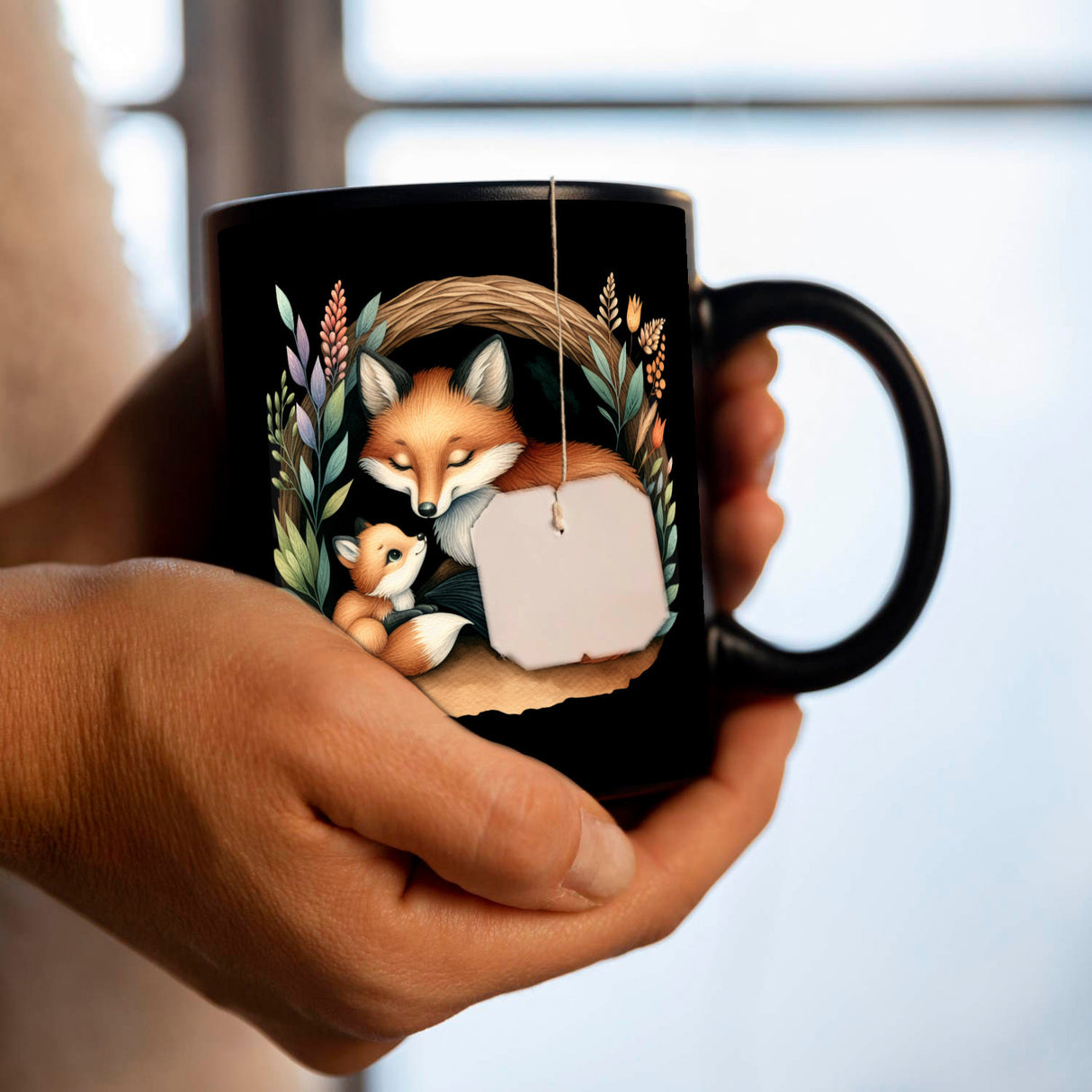 Fuchsfamilie Mama und Fuchsbaby Tasse schwarz in Schwarz