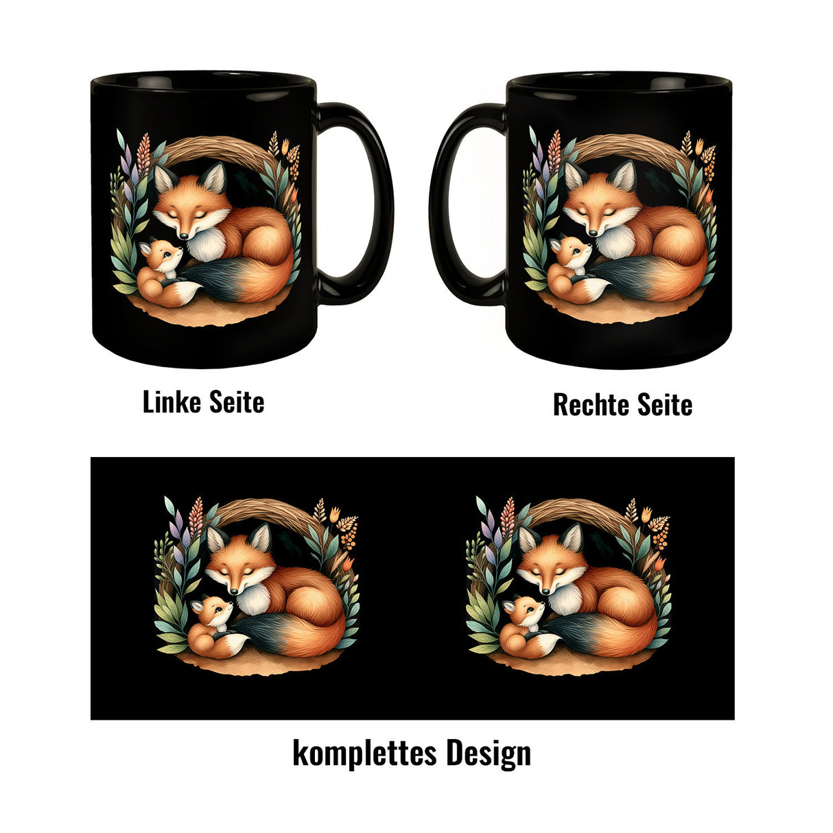Fuchsfamilie Mama und Fuchsbaby Tasse schwarz in Schwarz
