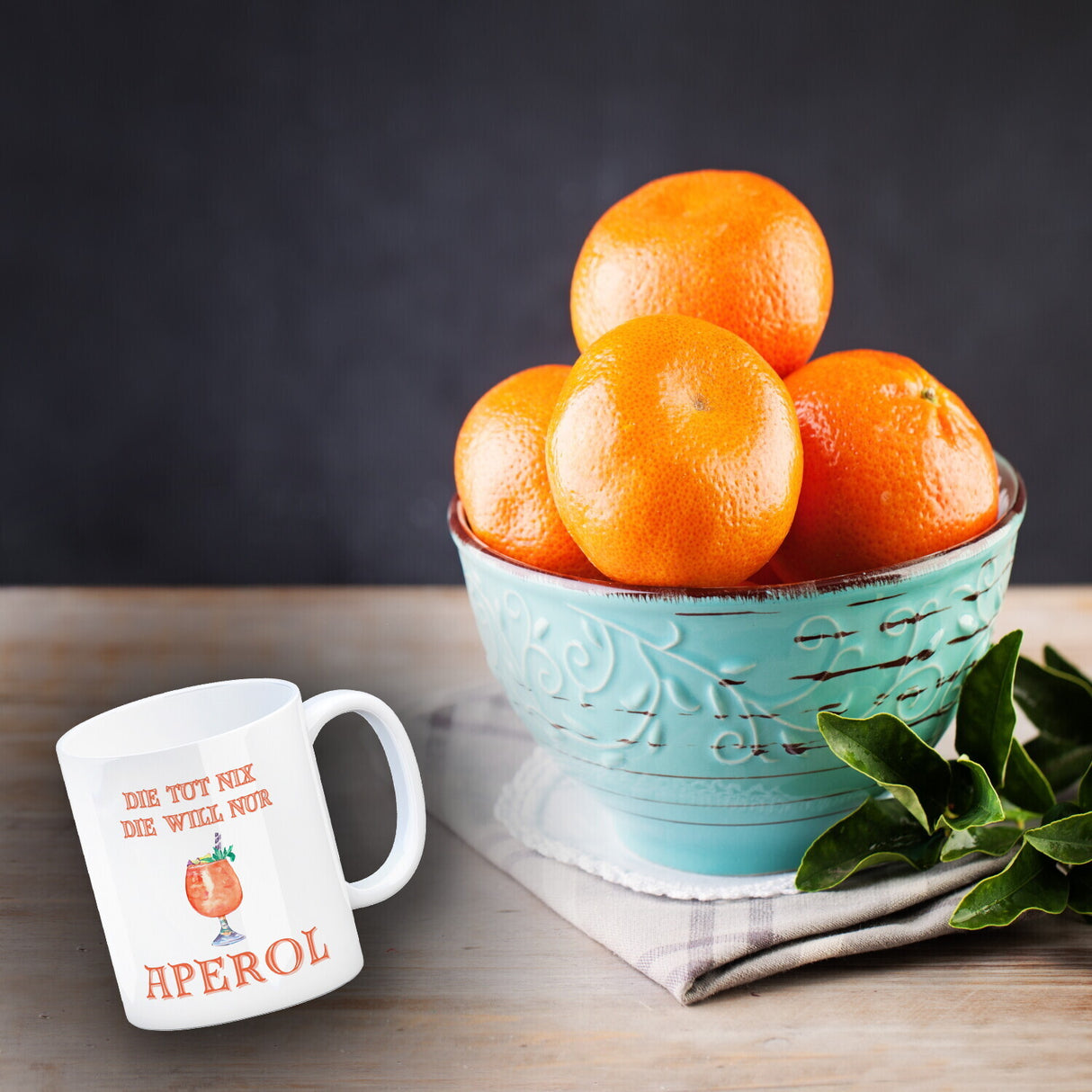 Aperol Kaffeebecher mit Spruch Die tut nix die will nur Aperol