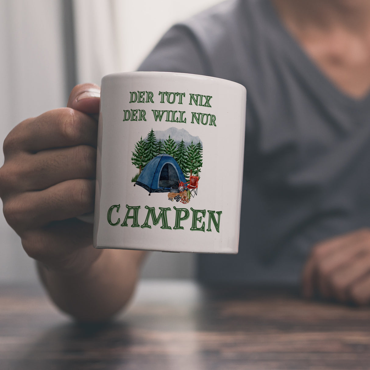 Campen Kaffeebecher mit Spruch Der tut nix der will nur Campen