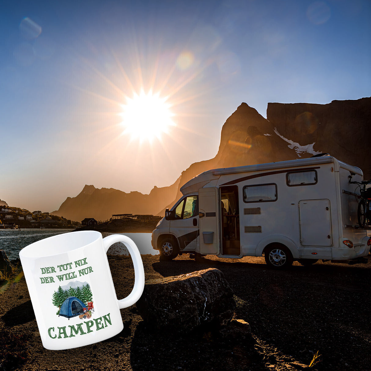 Campen Kaffeebecher mit Spruch Der tut nix der will nur Campen