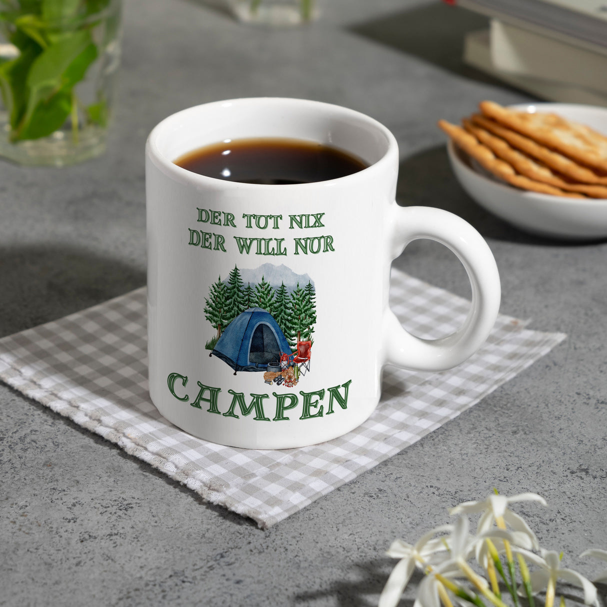 Campen Kaffeebecher mit Spruch Der tut nix der will nur Campen