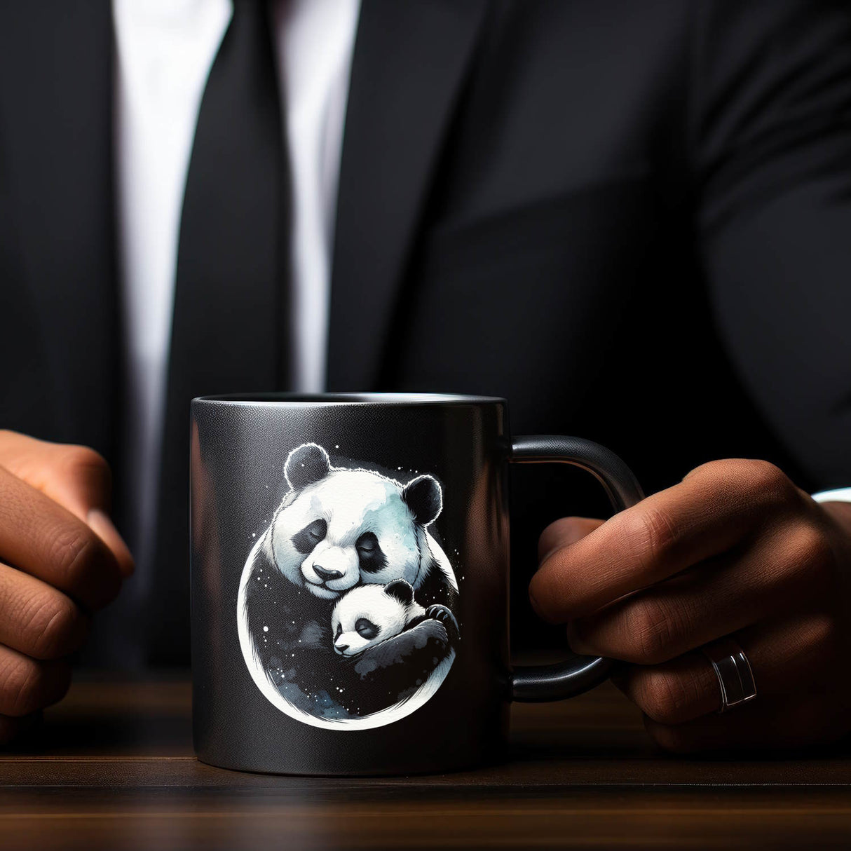 Panda Mama mit Baby Tasse schwarz in Schwarz