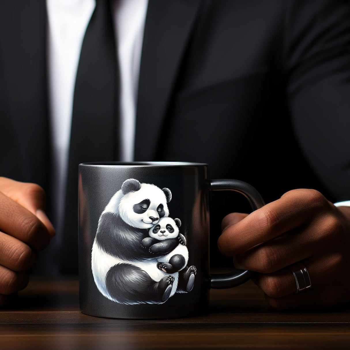 Pandabär Mama mit kleinem Panda Baby Tasse schwarz in Schwarz