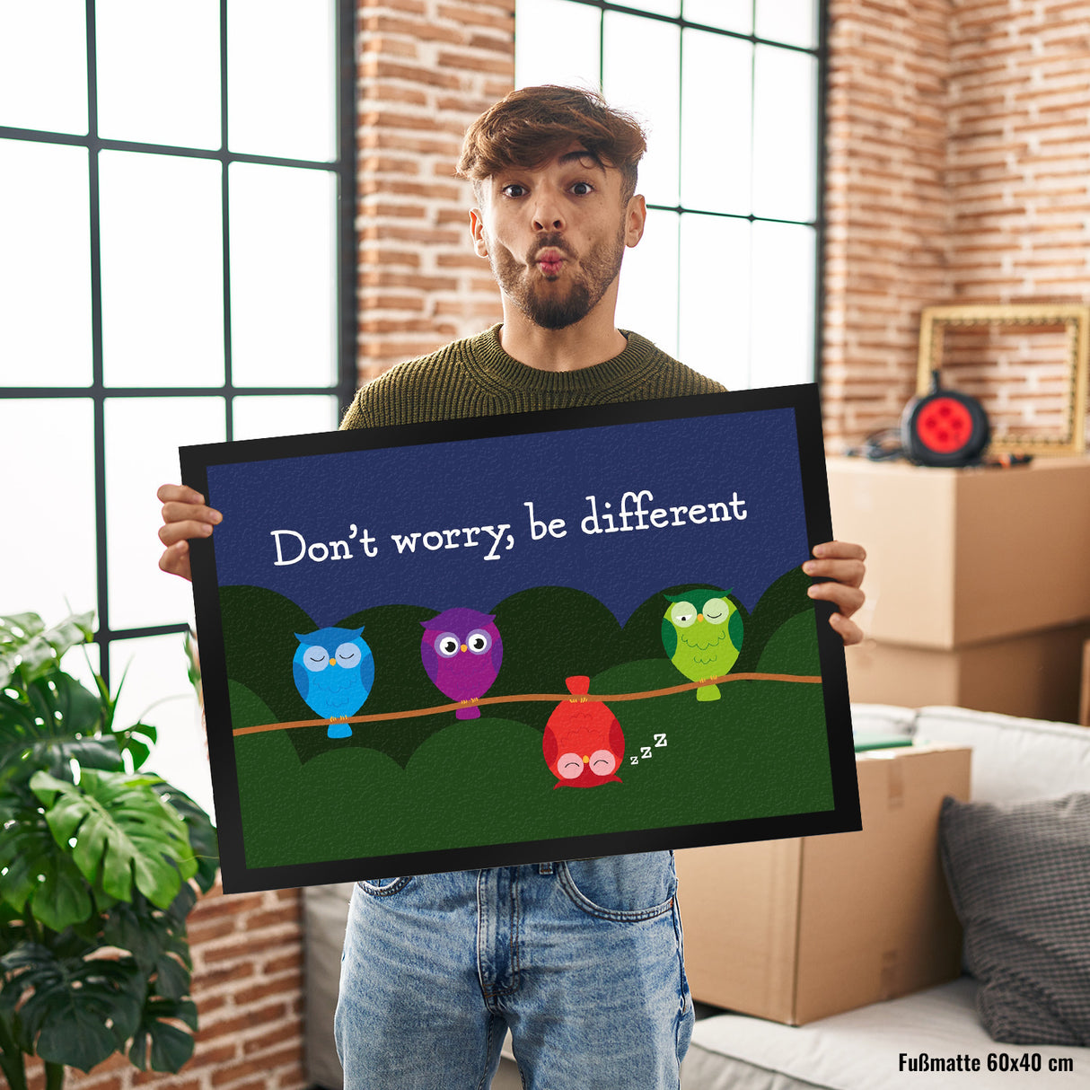 Eule Fußmatte in 35x50 cm mit Spruch Dont worry be different