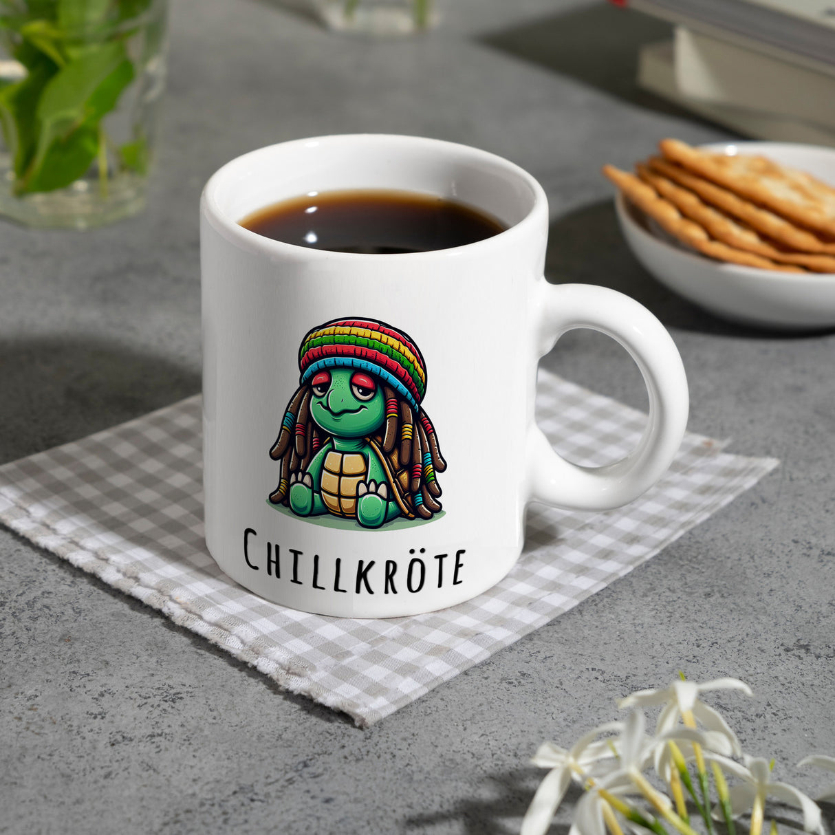 Schildkröte Rastafari Kaffeebecher mit Spruch Chillkröte