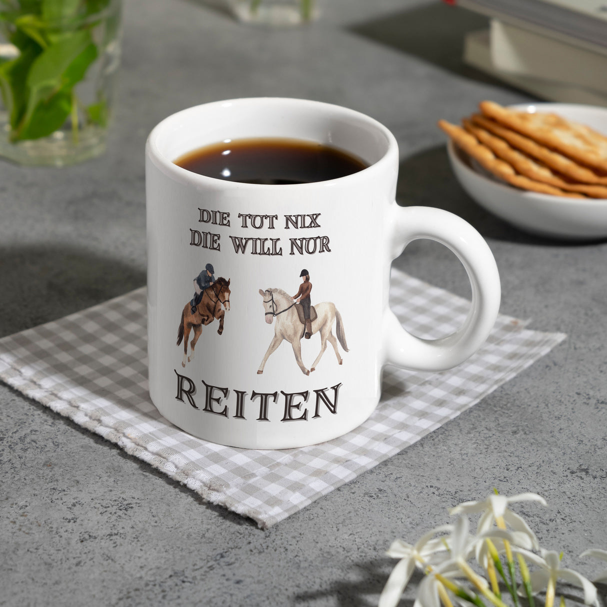 Reiten Kaffeebecher mit Spruch Die tut nix die will nur reiten