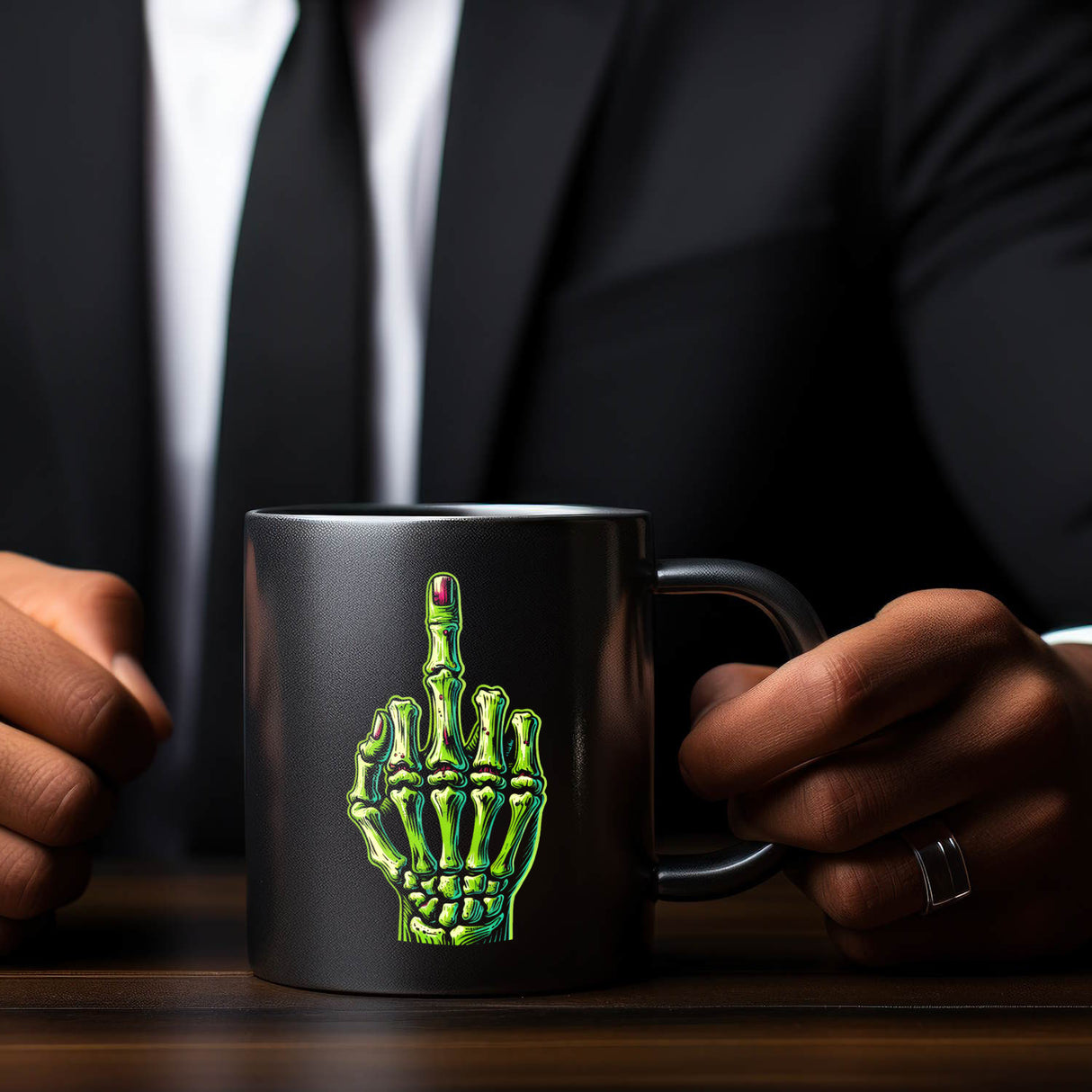 Zombieskeletthand Mittelfinger Tasse schwarz in Schwarz