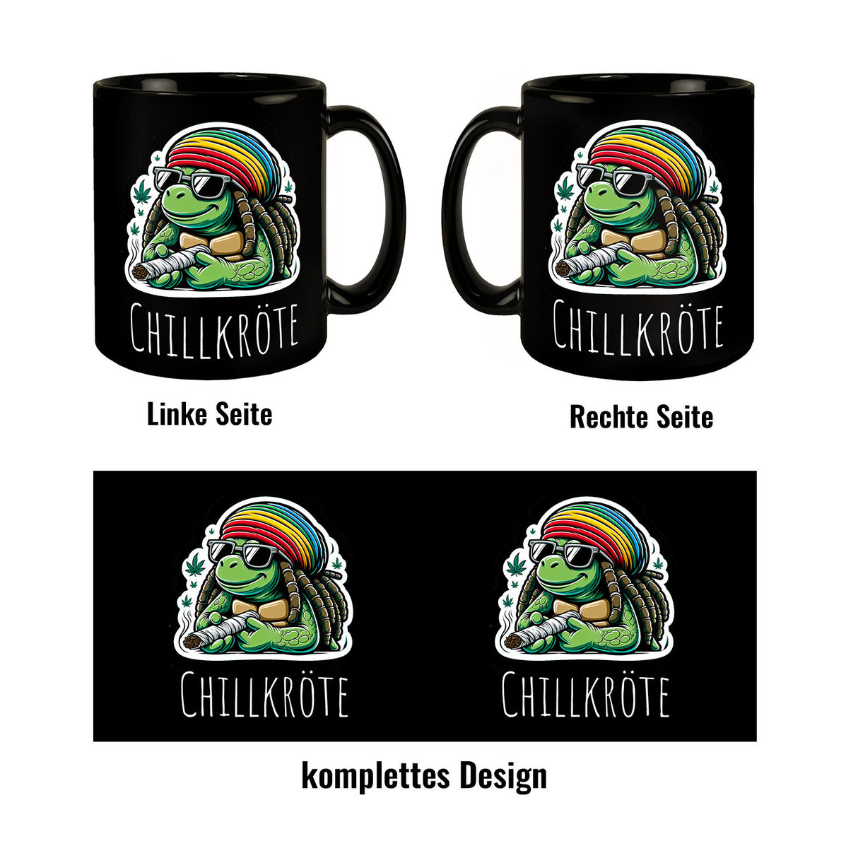Schildkröte Rastafari Tasse schwarz in Schwarz mit Spruch Chillkröte