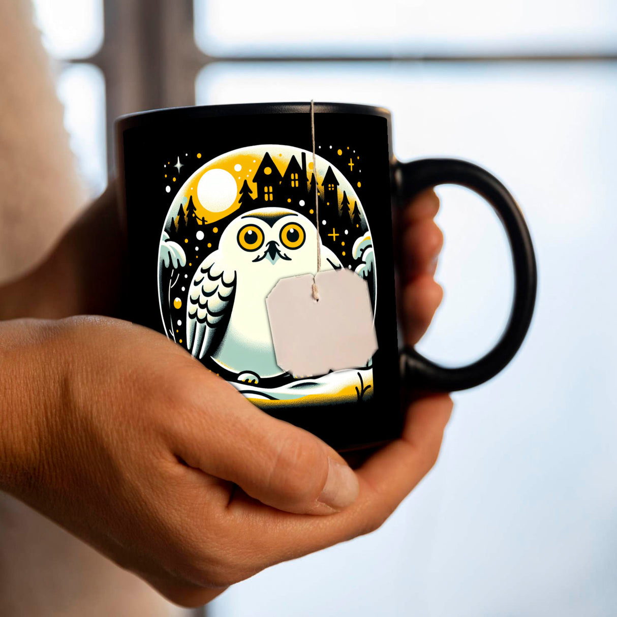 Dicke Schneeeule im Winter Tasse schwarz in Schwarz