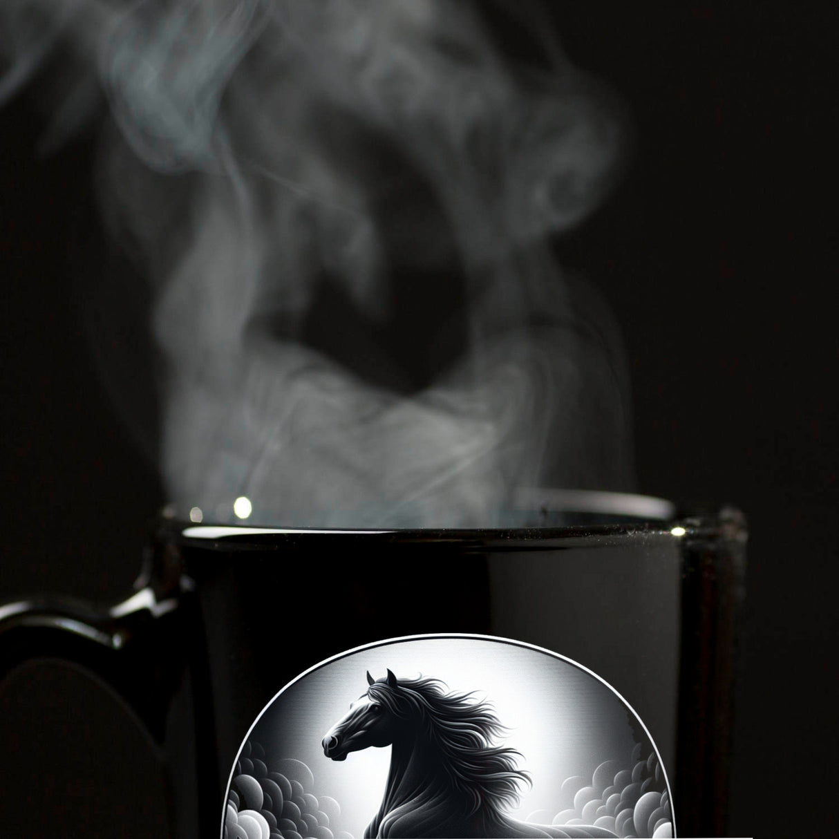 Schwarzes Pferd im Nebel Tasse schwarz in Schwarz