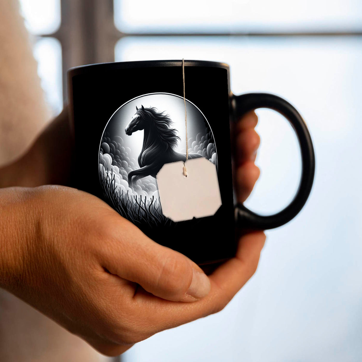 Schwarzes Pferd im Nebel Tasse schwarz in Schwarz