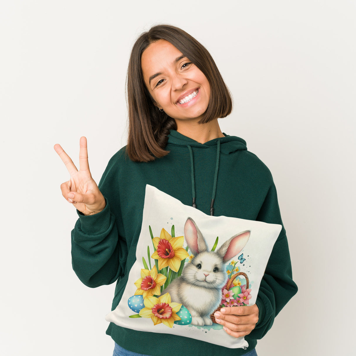 Niedlicher Osterhase mit Osterglocken Kissen
