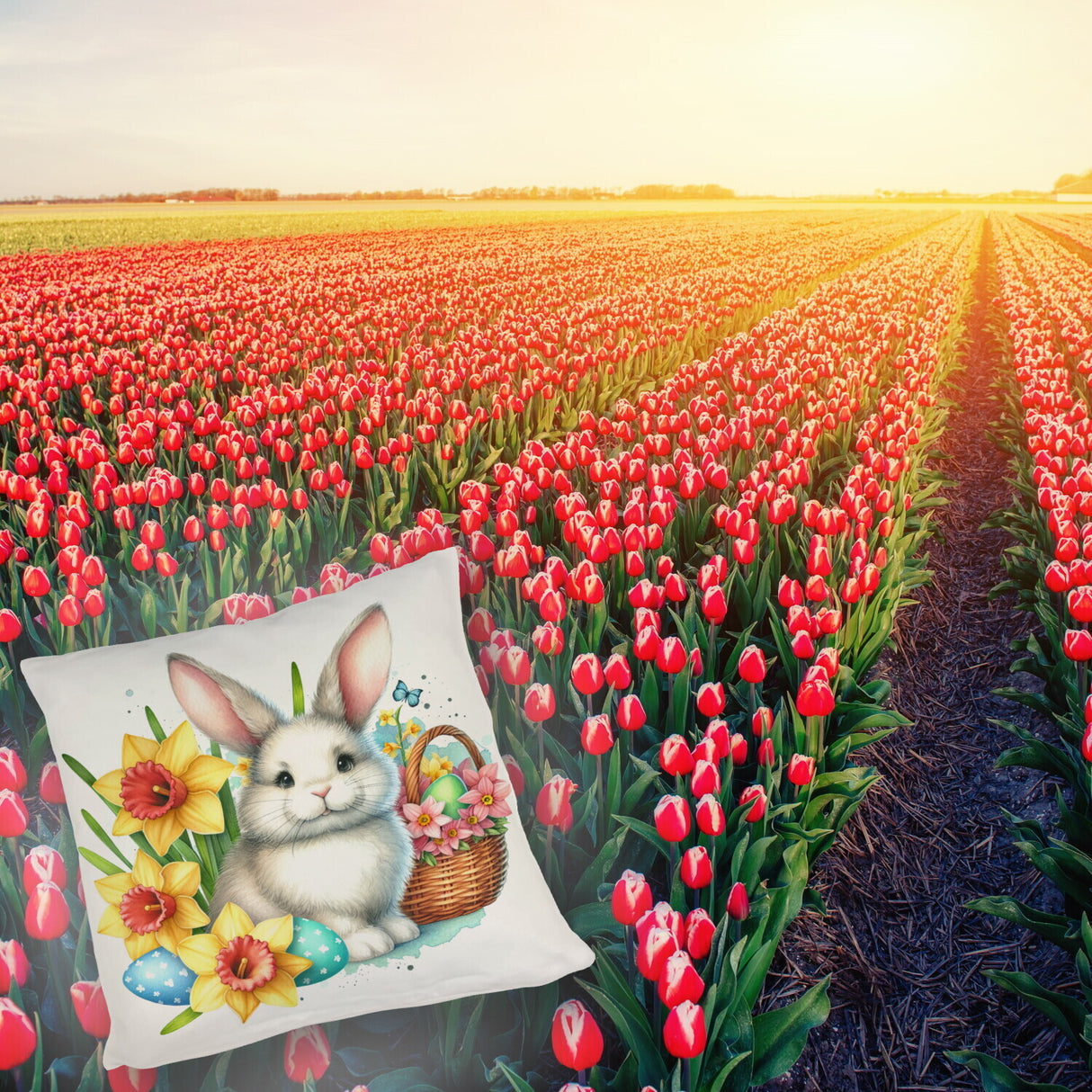 Niedlicher Osterhase mit Osterglocken Kissen