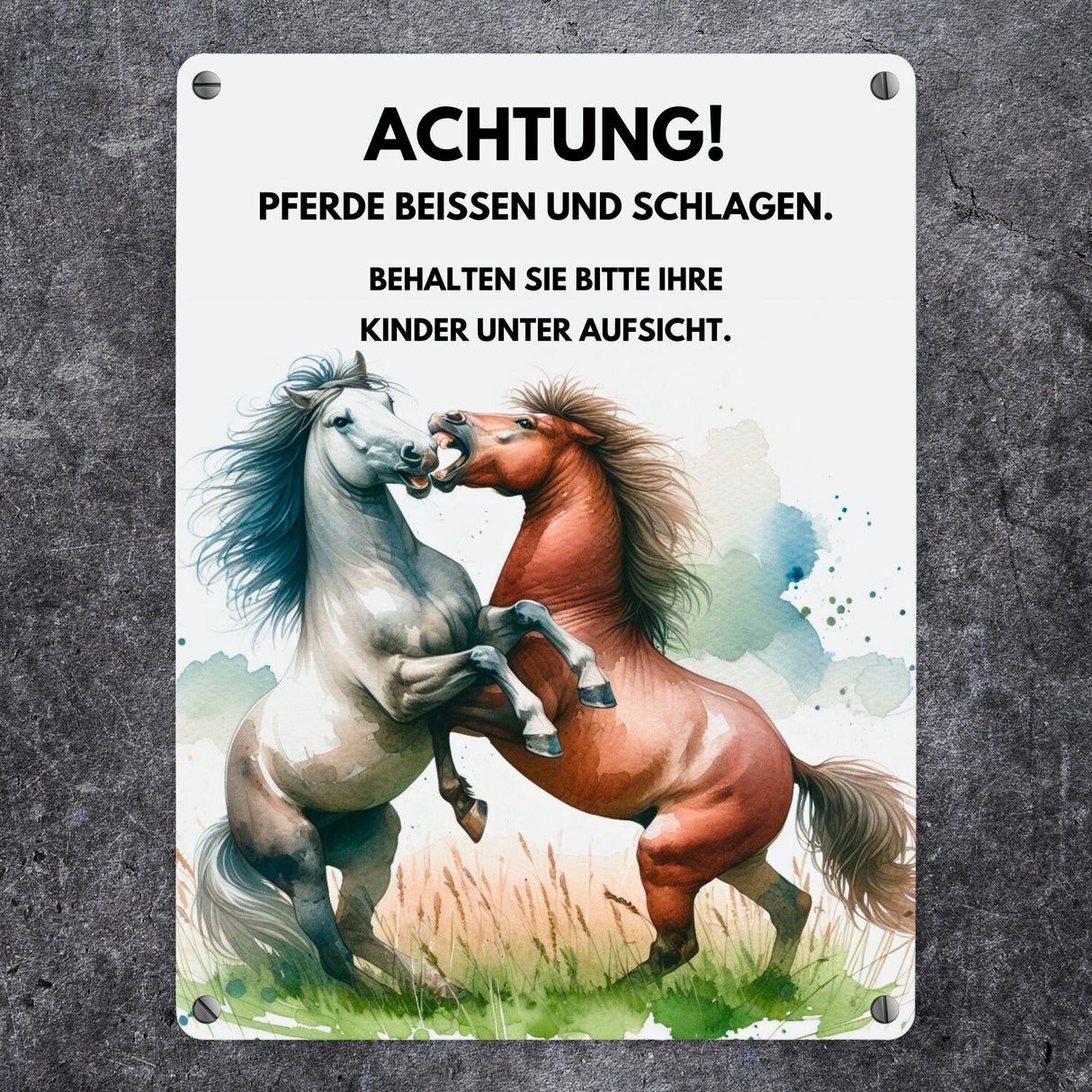Pferd Metallschild in 15x20 cm mit Spruch Vorsicht Pferde beißen schlagen Kinder überwachen