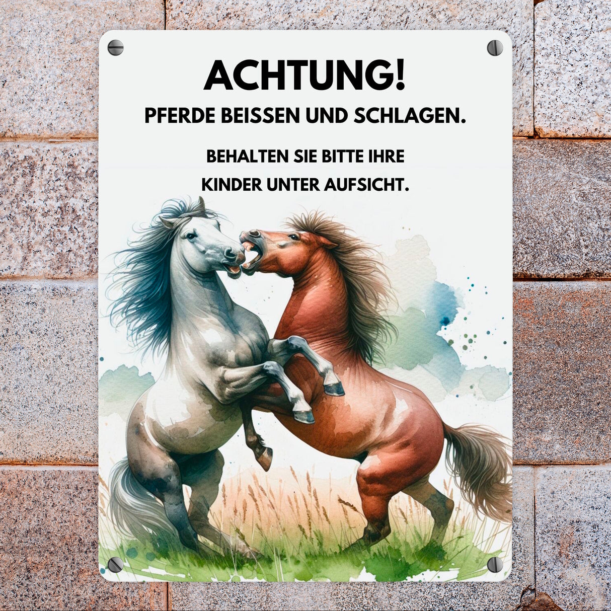 Pferd Metallschild in 15x20 cm mit Spruch Vorsicht Pferde beißen schlagen Kinder überwachen