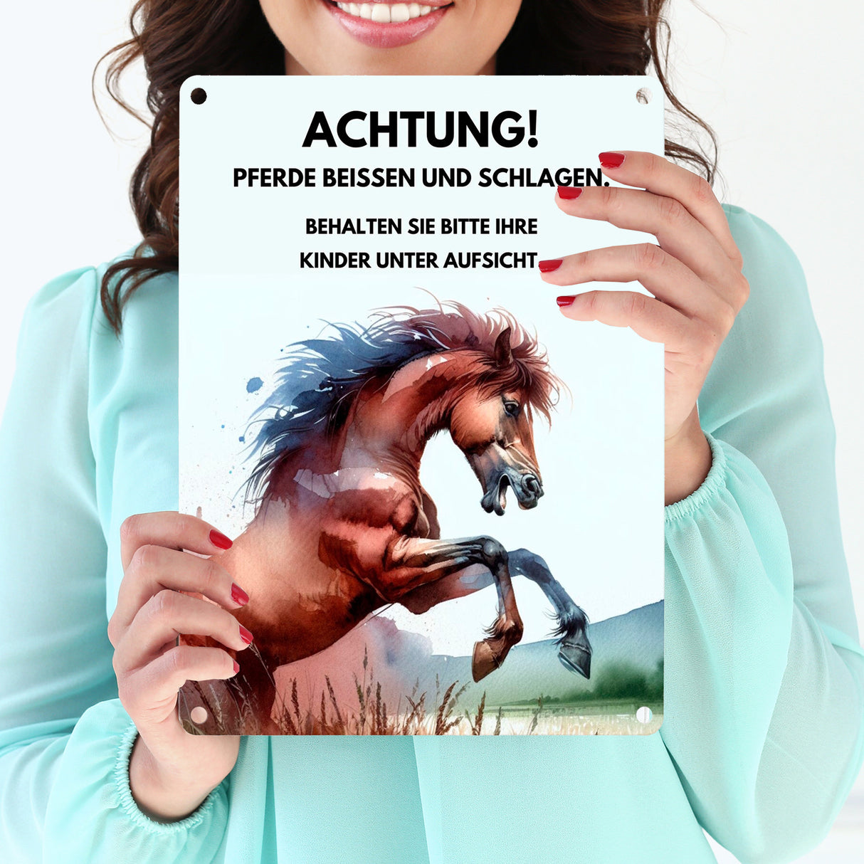 Pferd Metallschild in 15x20 cm mit Spruch Vorsicht Pferde können beißen und schlagen