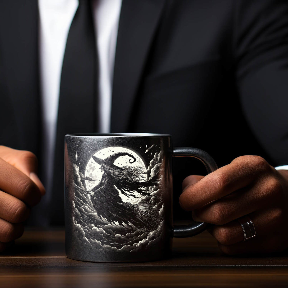 Hexe vor dem Vollmond Tasse schwarz in Schwarz