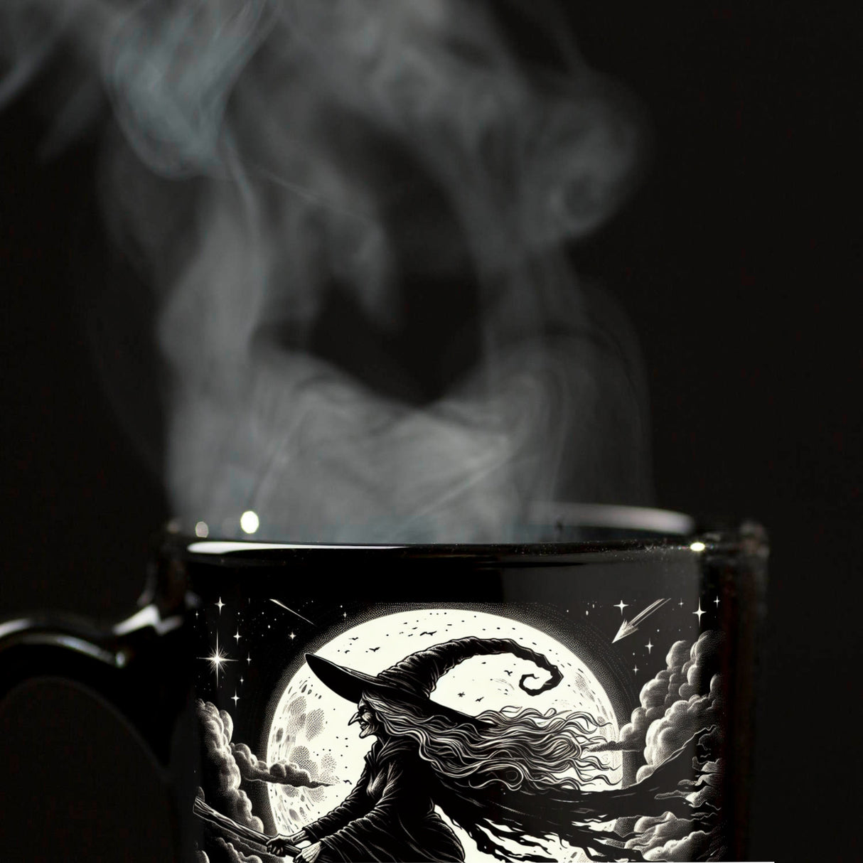 Hexe vor dem Vollmond Tasse schwarz in Schwarz