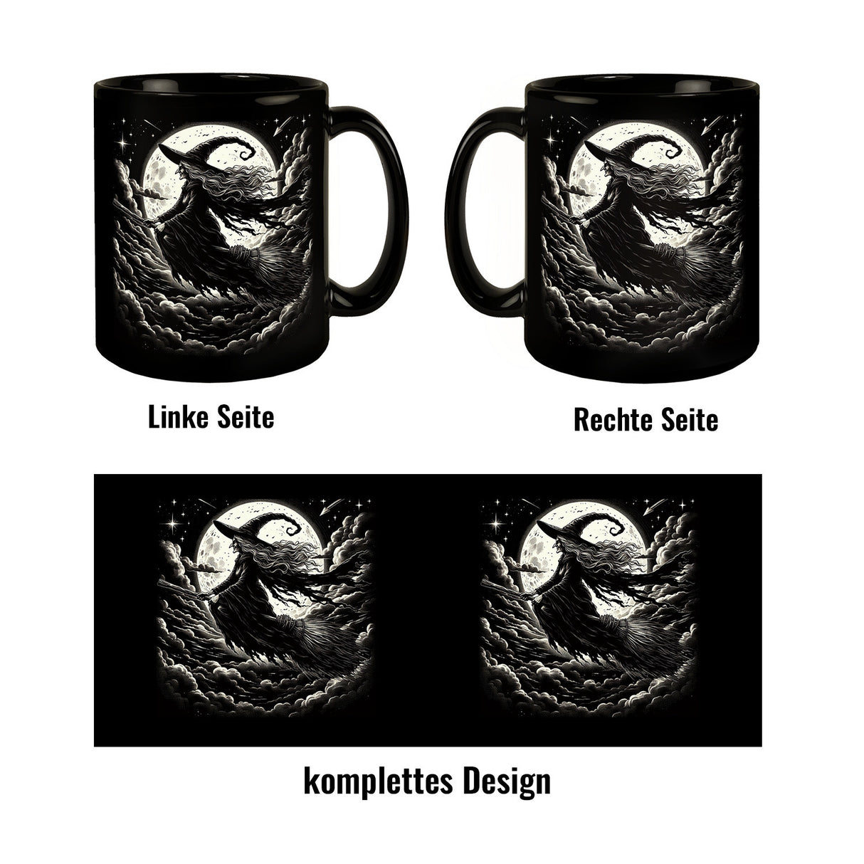 Hexe vor dem Vollmond Tasse schwarz in Schwarz