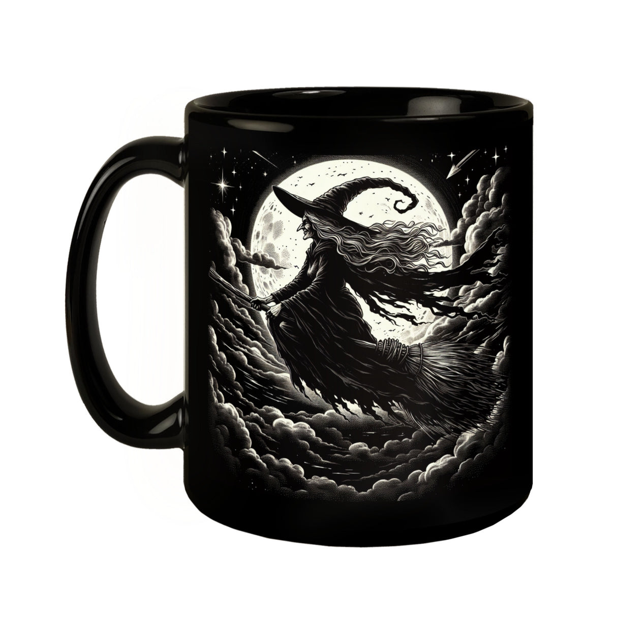 Hexe vor dem Vollmond Tasse schwarz in Schwarz