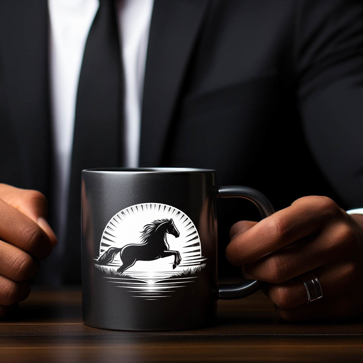 Springendes Pferd im Sonnenaufgang Tasse schwarz in Schwarz