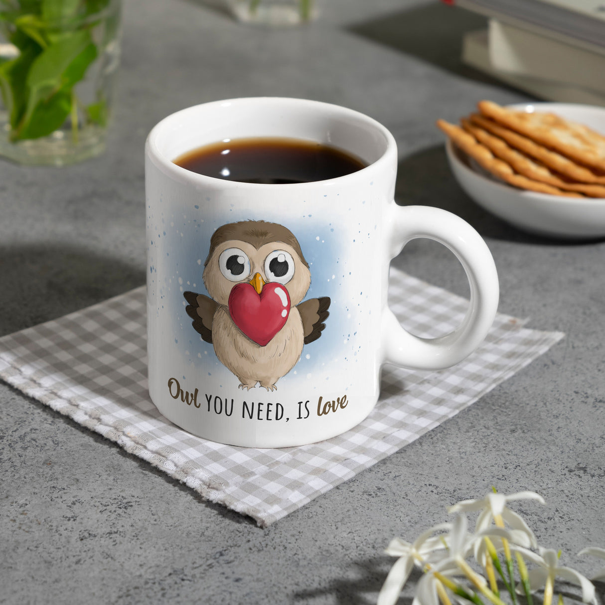 Eule Kaffeebecher mit Spruch Owl You need is love