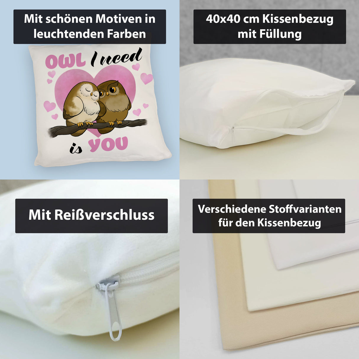 Eulenpaar Kissen mit Spruch Owl I need is you